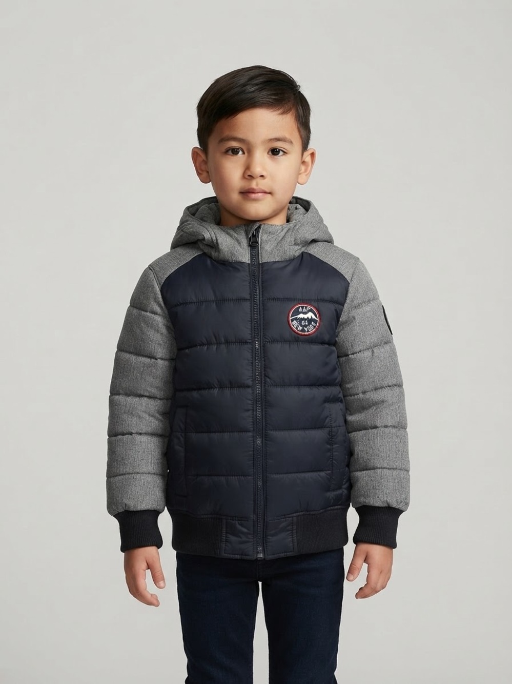 Abercrombie Kids Boys Puffer Jacket Sz 5/6 Navy Gray A&F Hooded Winter Coat